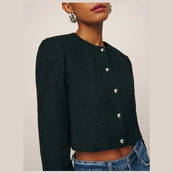 Reformation Trista Jacket - S Black Button Front Cropped Tweed - Picture 5 of 6